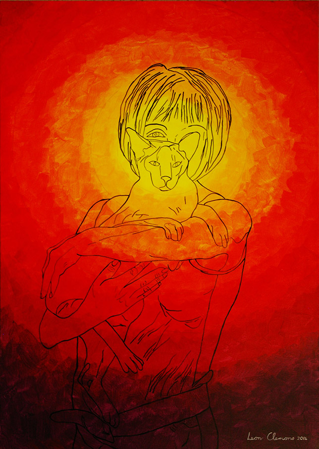 Leon's unique artwork - woman holding her siamese cat